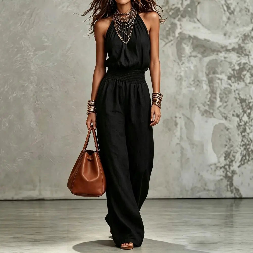 Women's Halter Neck Summer Jumpsuit Sleeveless Wide Leg Long Pants Romper High Waist One Piece Overalls