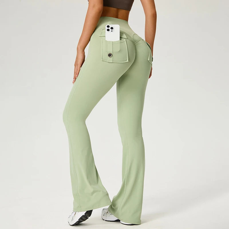 Yoga Pants Pocket Back Flare Leggings Sports Fitness High Waisted Scrunch Leggings Workout Trousers Gym Woman Clothing