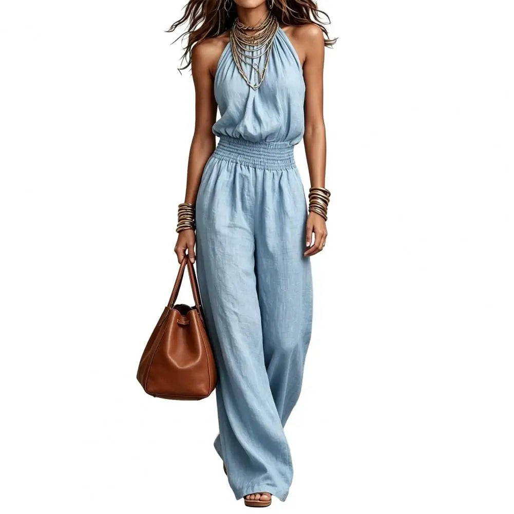 Women's Halter Neck Summer Jumpsuit Sleeveless Wide Leg Long Pants Romper High Waist One Piece Overalls