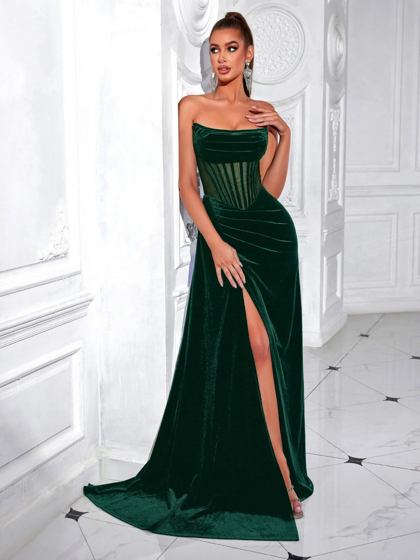 Elegant Korean Velvet Long Dress Sexy Fishbone Sash Strapless Evening Gown High End Adult Women's Fashion Summer 2025