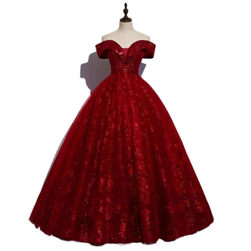 New Long Elegant Fit-and-Flare Evening Gown with One-Shoulder Tie-Up for Hostess and Art Examination, Women's Red Tulle Dress