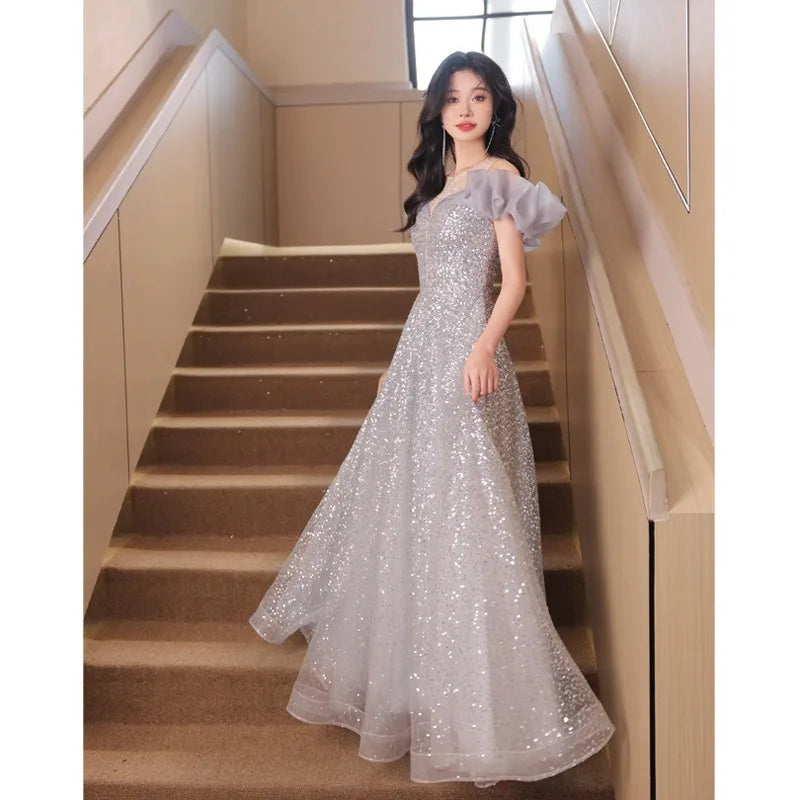 2026 Spring/Summer New Women's Sexy Glitter One Shoulder Banquet Evening Dress Fashionable Look Thin Long Back Strap Dress