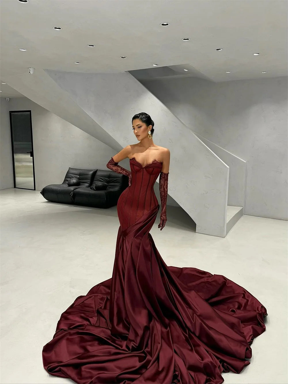Burgundy Gorgeous Mermaid Asymmetric Prom Dress Lace Sleeves vestidos de noiva Royal Train Evening Dresses 2025