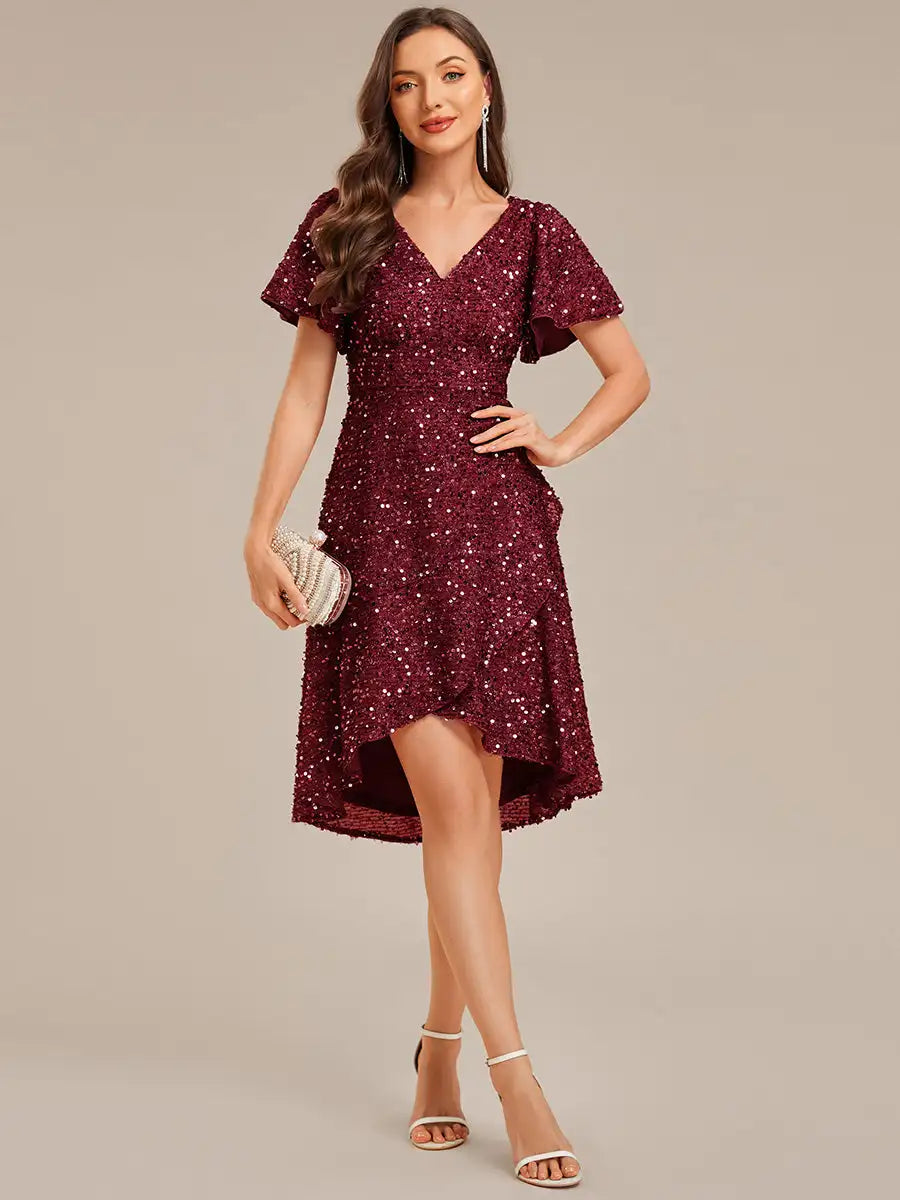 Evening Dress Short Sleeve Ruffle Sequin Deep V-Neck High-Low Ever Pretty of Burgundy Formal Dresses