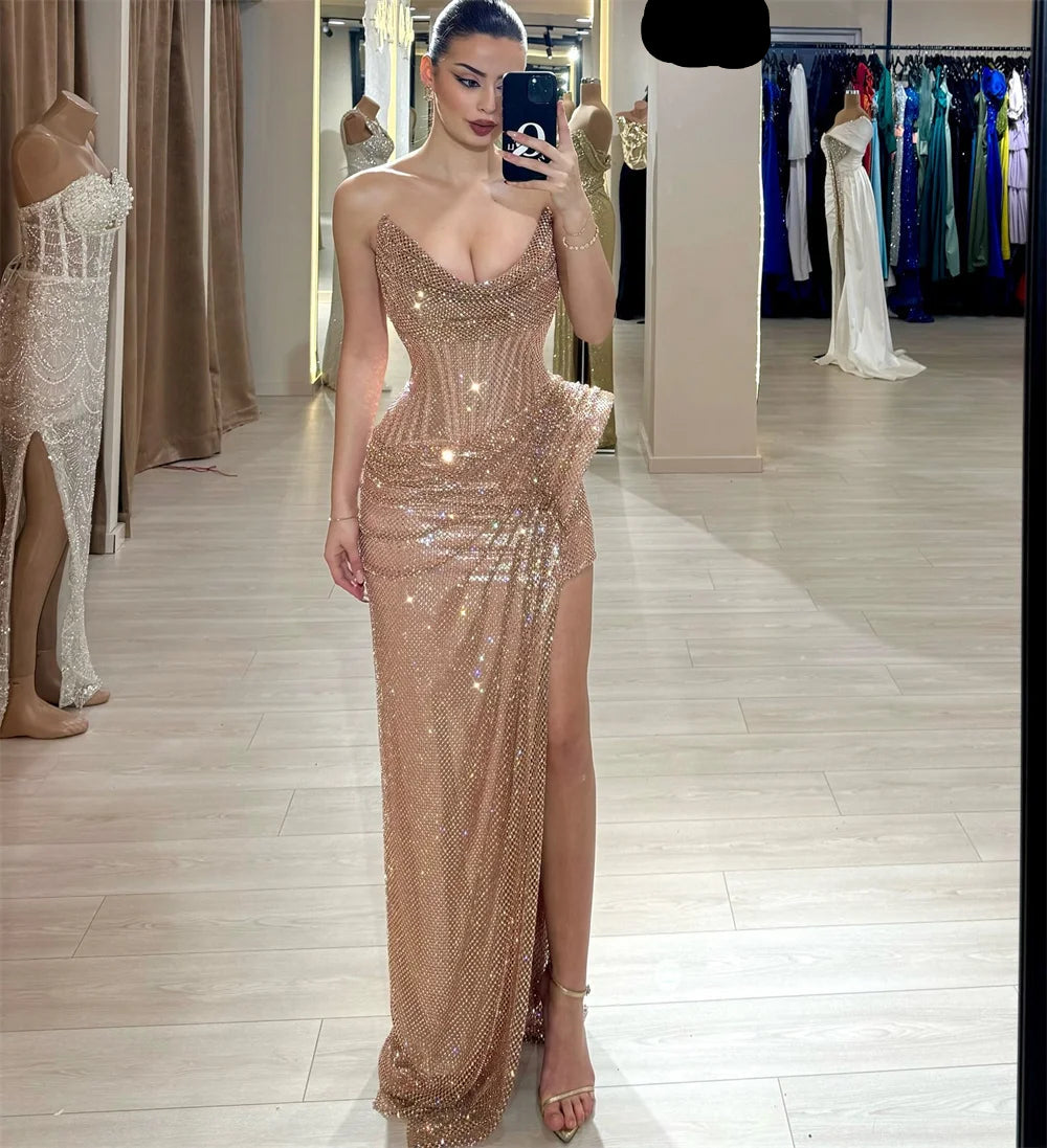 High Slit Pleated Mermaid Prom Dress Floor-length Strapless Evening Dress Sleeveless Party Dress