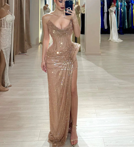 High Slit Pleated Mermaid Prom Dress Floor-length Strapless Evening Dress Sleeveless Party Dress
