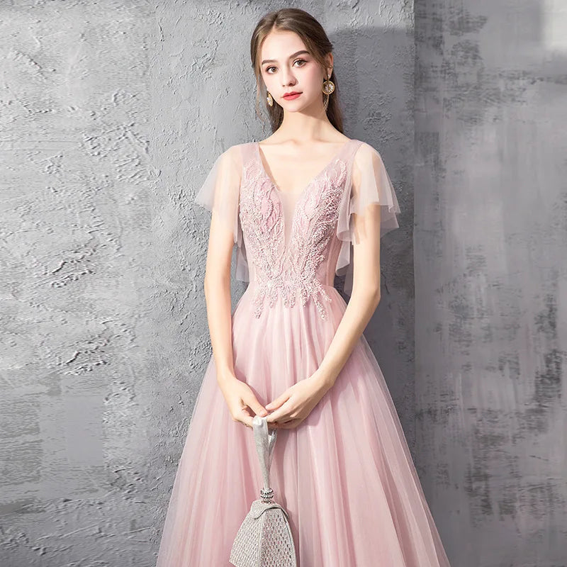 2026 Summer New Women's Banquet Pink Evening Dress Fashionable Look Slimming and Skinny Bareback Long Mesh