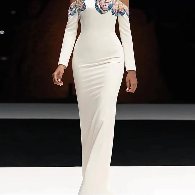 Classic Mermaid Evening Dress Customized Strapless Long Sleeves Celebrity Gowns Exquisite Beading Zipper Back Prom Dress