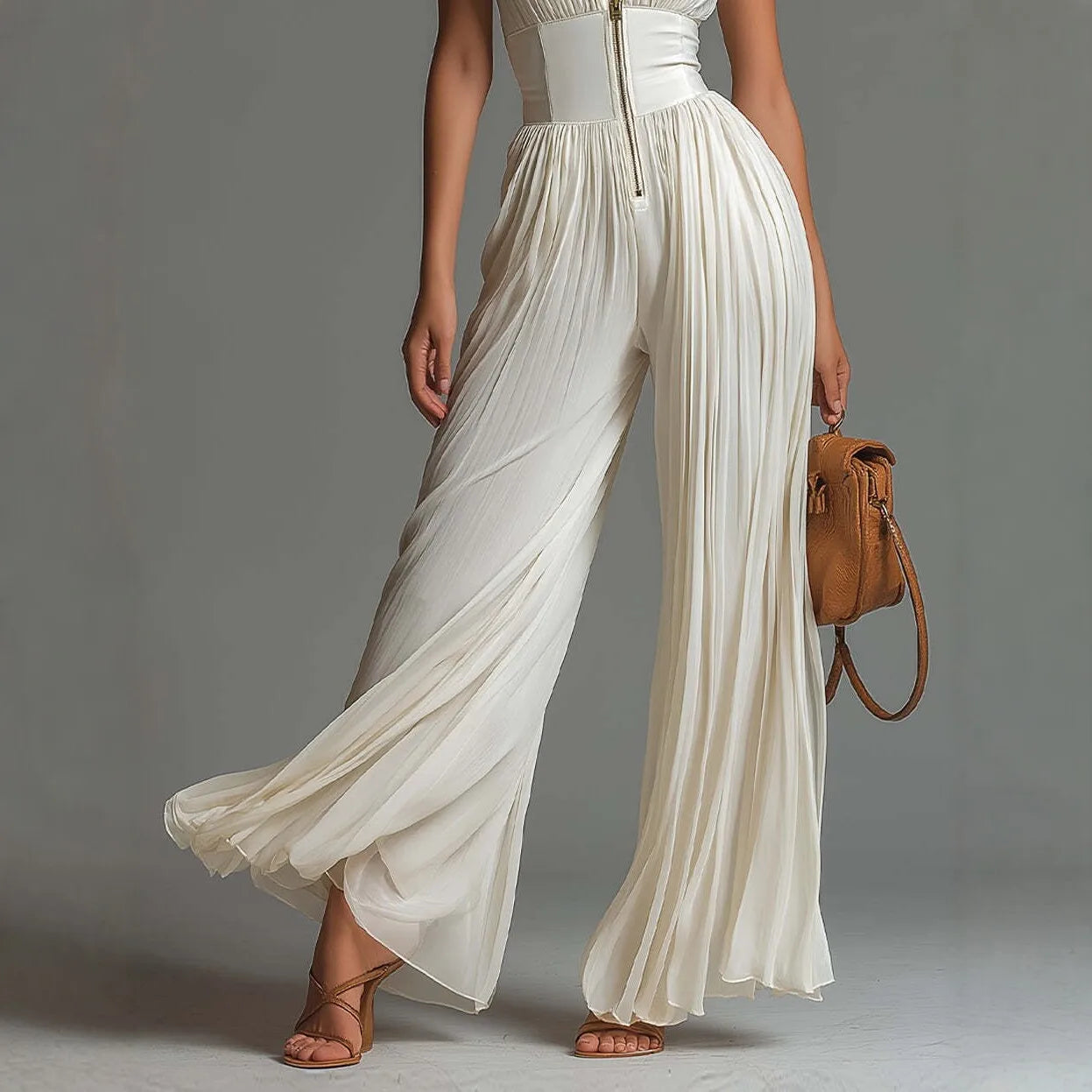 Women Elegant Chiffon Sleeveless Jumpsuit High Waist Pleated Flowy Wide Leg One Piece Overalls Holiday Casual Streetwear Rompers