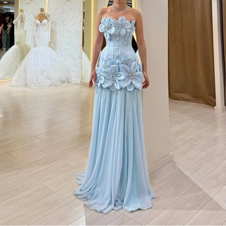 Sky Blue Flower Sleeveless Fishtail Elegant Night Dresses for Luxury Party Evening Dresses for a Wedding