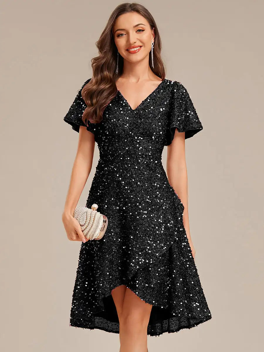 Evening Dress Short Sleeve Ruffle Sequin Deep V-Neck High-Low Ever Pretty of Burgundy Formal Dresses