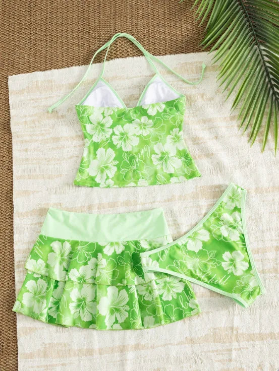Top Bikini Brief Drawstring Tiered Ruffle Swim Skirt Tropical Beach Swimwear