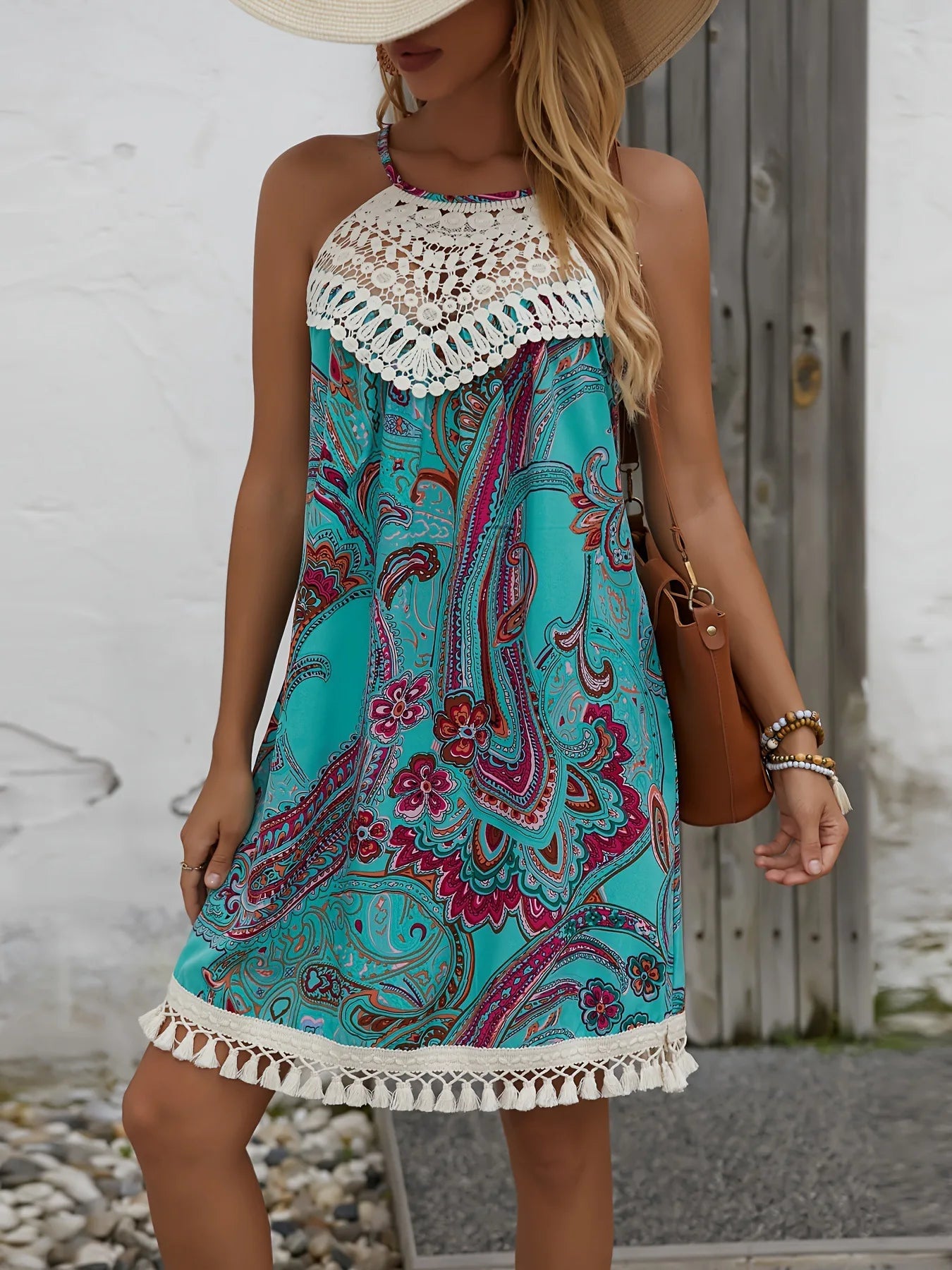 Vintage Paisley Print Halter Mini Dress, Lace Fringe Patchwork Bohemian Vacation Dress