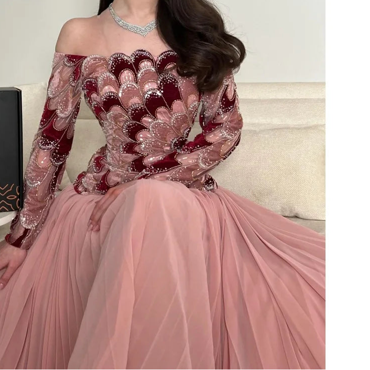 Blush Pink Off Shoulder Mesh Prom Dress Long Sleeve vestidos de noche Beaded Floral Embroidery Evening Dresses