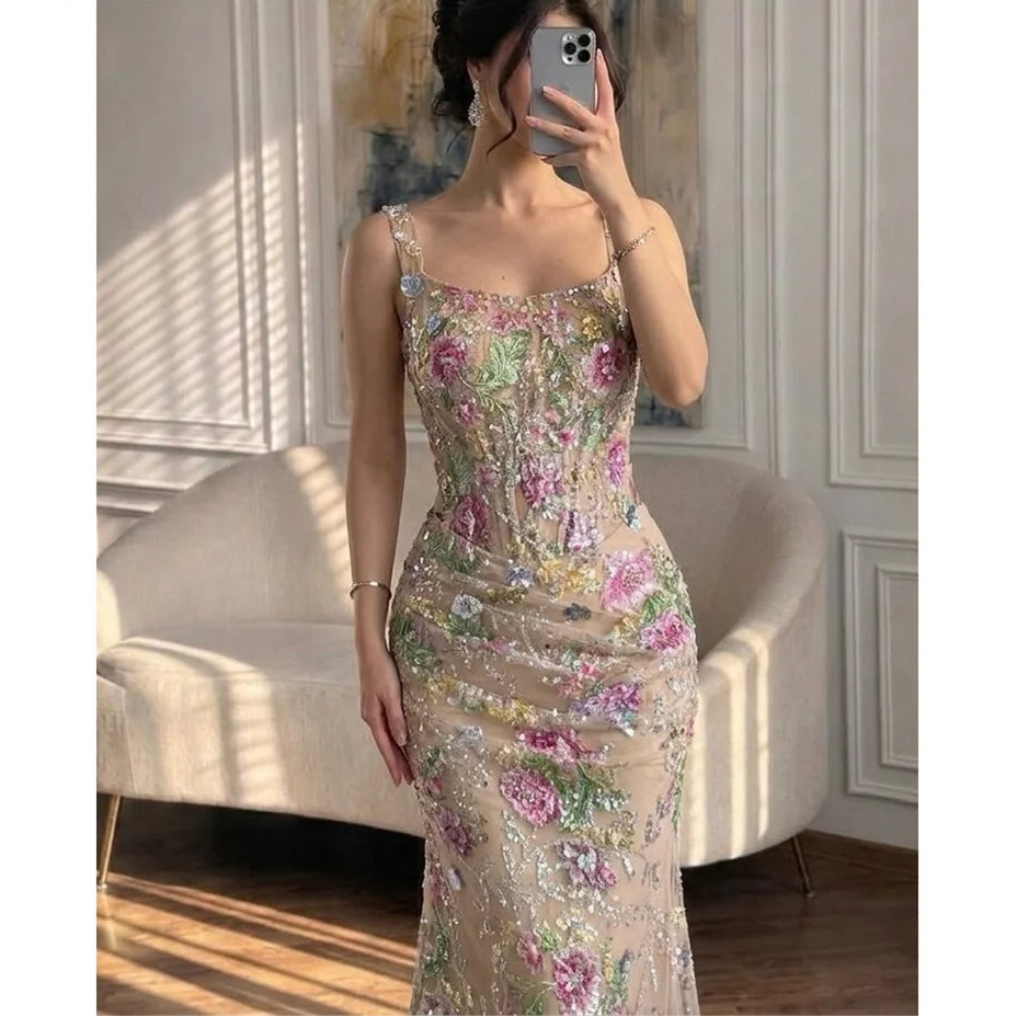 Floral Lace Spaghetti Straps Fishtail Floor Length Elegant Party Dress for Women Luxury Prom Dresses 2026 Evening