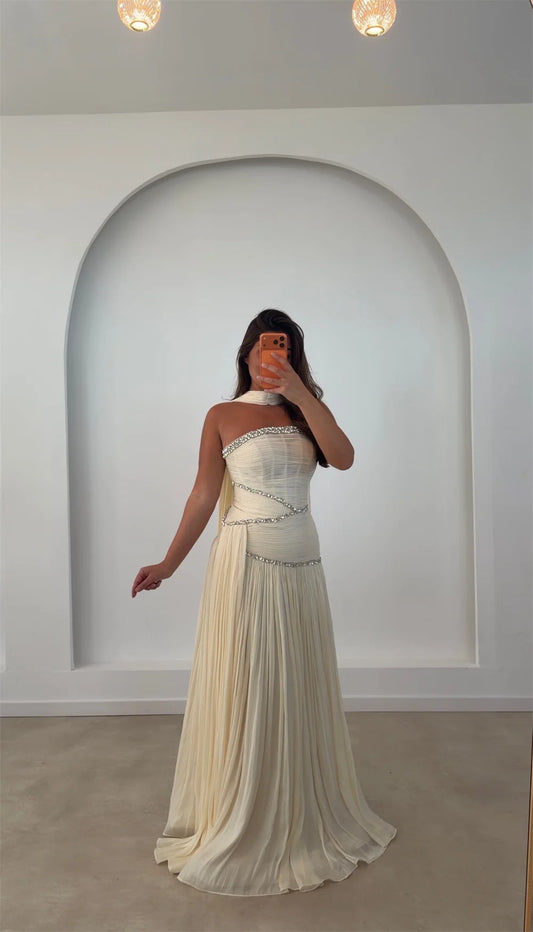 Dress Crystal Chiffon Prom Dresses Pleated Vestidos De Noche Elegant Formal Evening