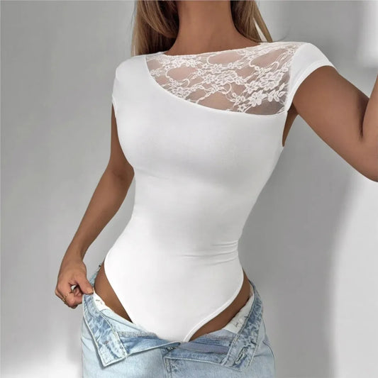 Women's Clothing Lace Edge Patchwork Short-sleeved Jumpsuit