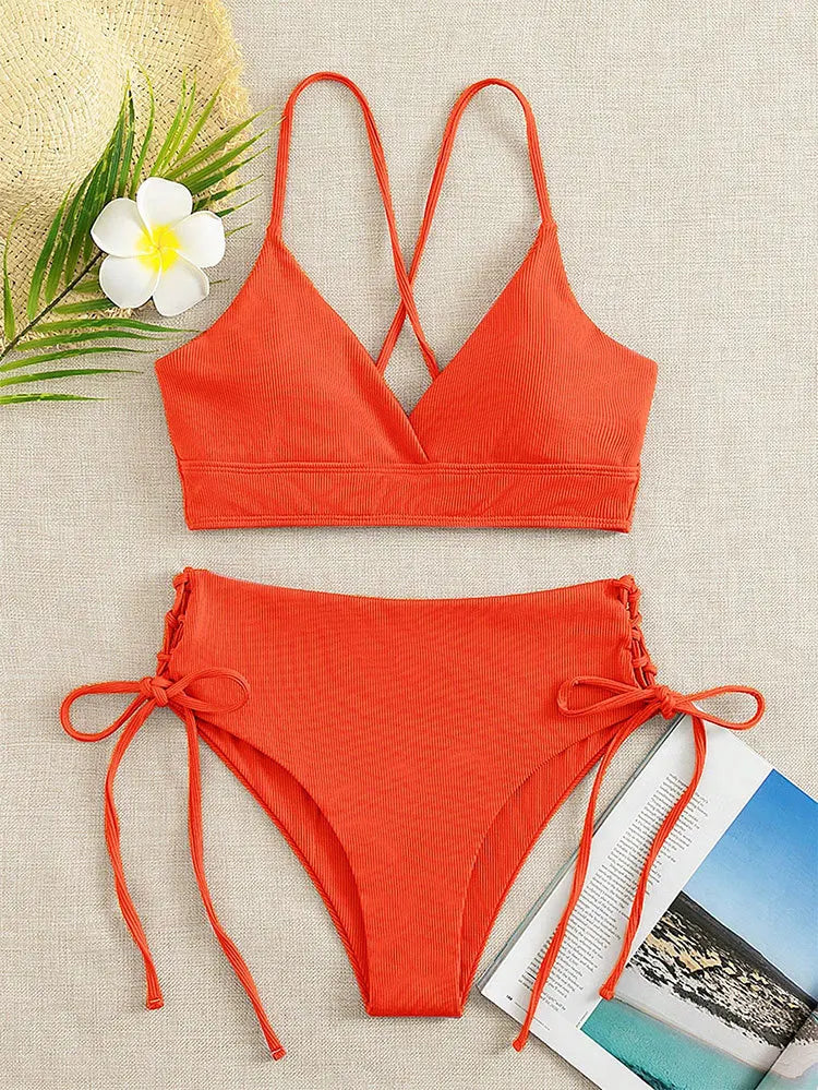 Bikini Set for Women, Sexy Swimsuit, Lace Up, Triangular Bikinis, Solid Color, Beach Swimwear, Bathing Suit