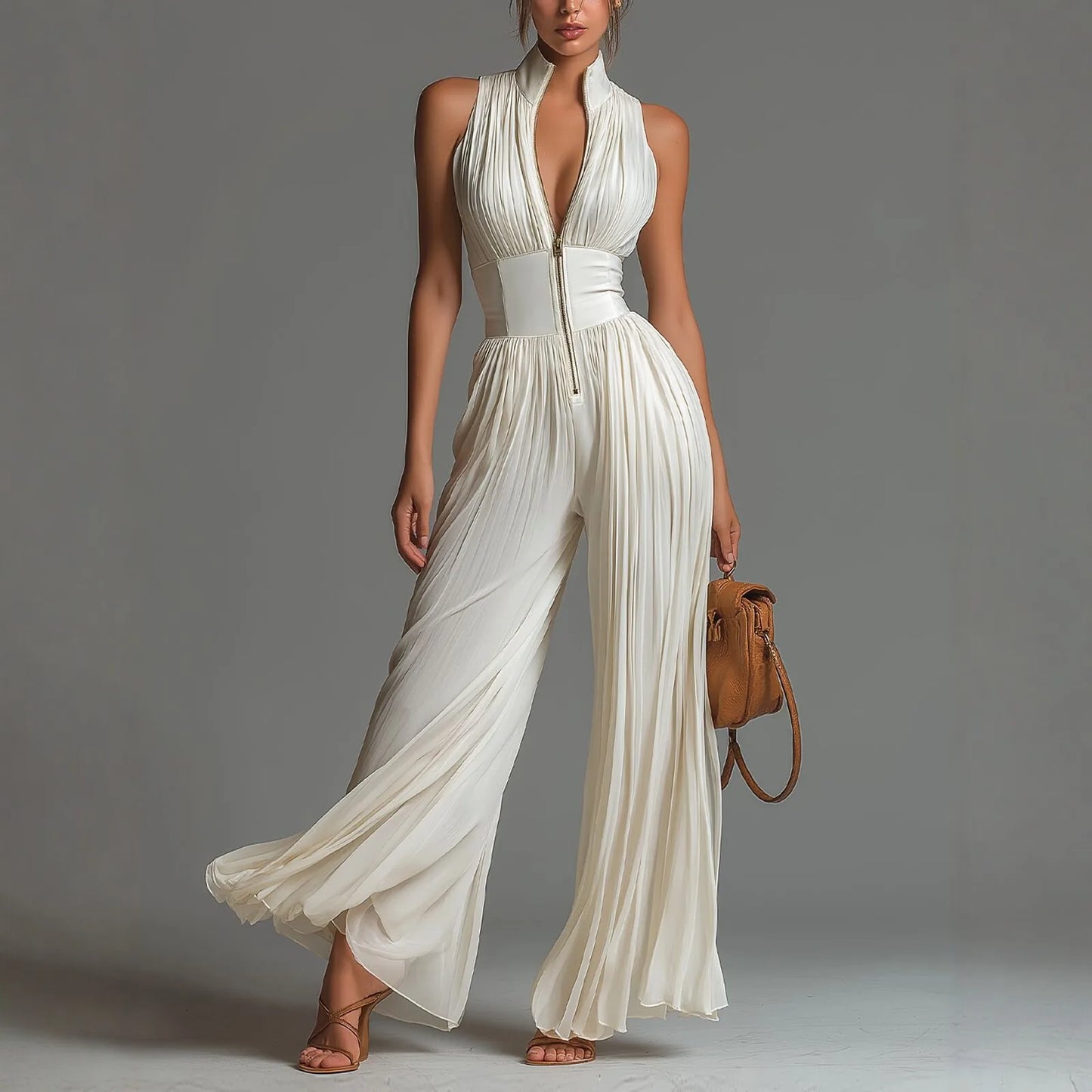 Women Elegant Chiffon Sleeveless Jumpsuit High Waist Pleated Flowy Wide Leg One Piece Overalls Holiday Casual Streetwear Rompers