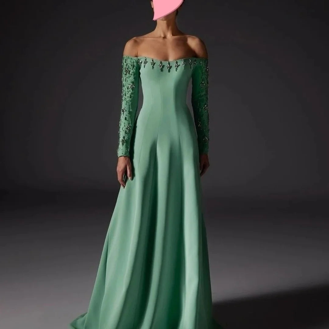 Green Glitter Off The Shoulder Prom Dresses Long Sleeves Strapless vestidos de festa