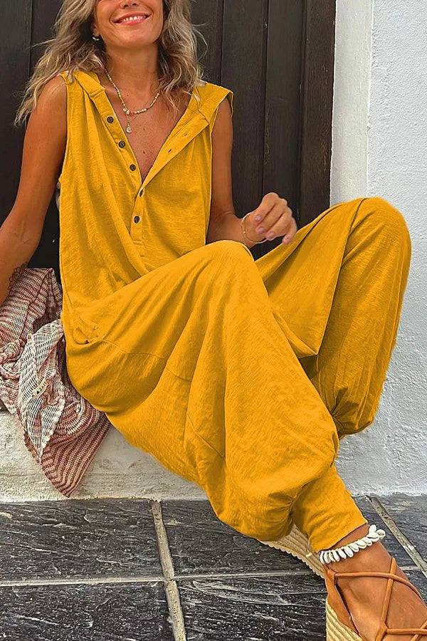 Hot Sale Women Solid Hooded Jumpsuit Button Sleeveless Loose Baggy Long Pants Romper