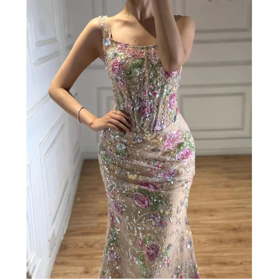 Floral Lace Spaghetti Straps Fishtail Floor Length Elegant Party Dress for Women Luxury Prom Dresses 2026 Evening