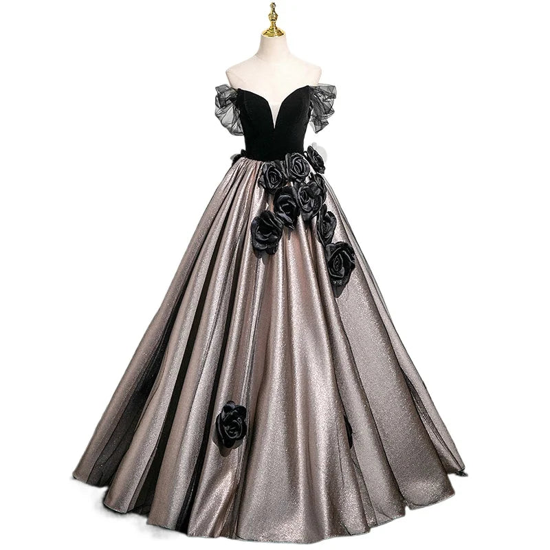 2026 New Women's Black Stiff Chiffon Strapless Evening Dress Fashionable Slimming Banquet Back Strap Long Fluffy Skirt