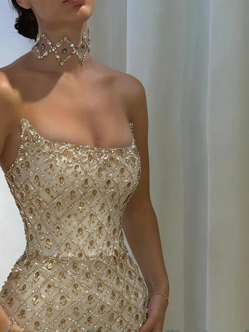 Luxury Mermaid Evening Dresses for Women Rhinestones Strapless Dubai Formal Party Gowns Vestidos De Fiesta