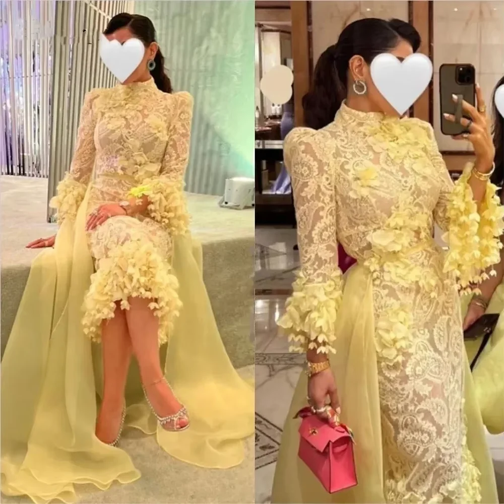 Luxury Lace Appliqued Women's Evening Dresses for Birthday Party High Neck Long Sleeves Side Sweep Train Prom Dresses