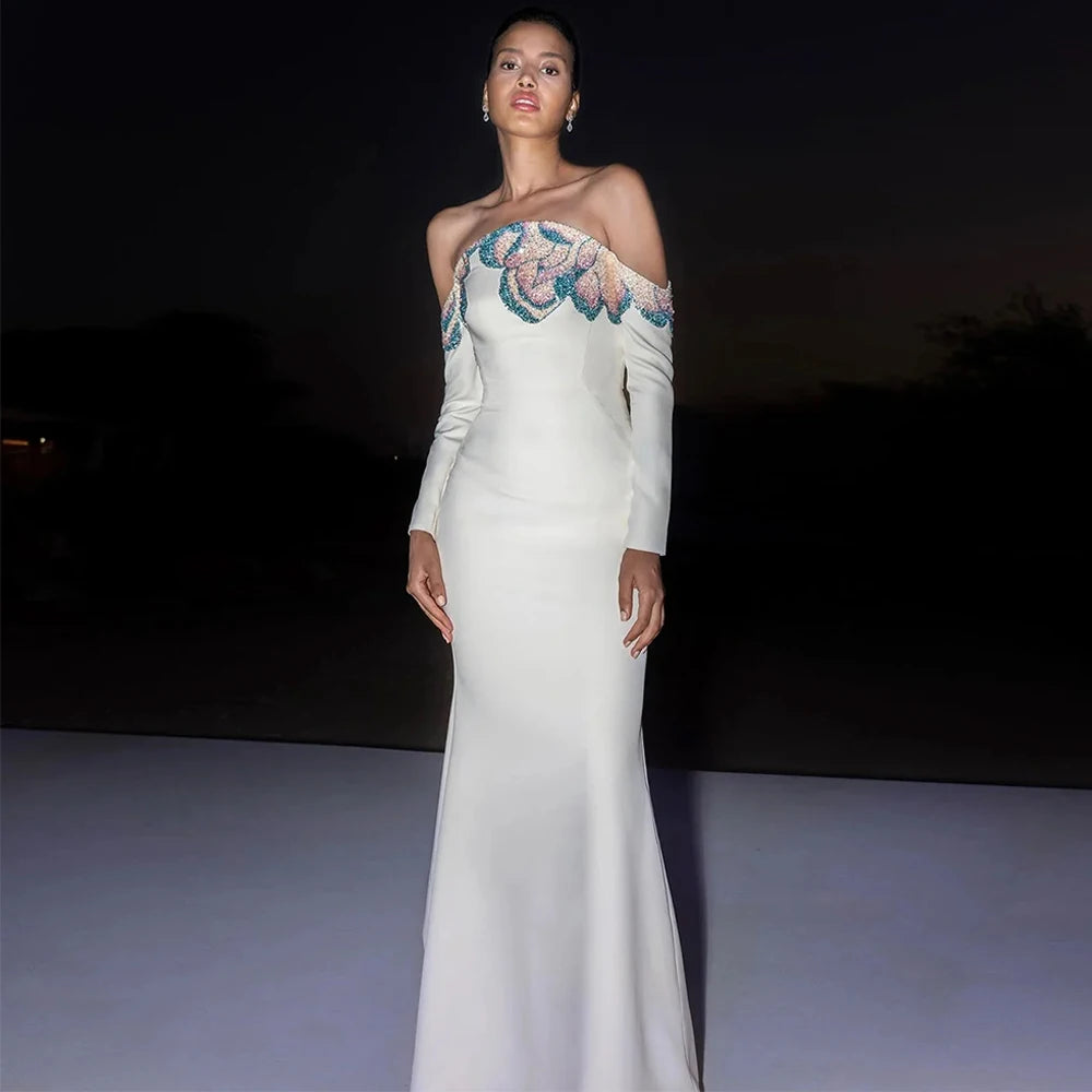 Classic Mermaid Evening Dress Customized Strapless Long Sleeves Celebrity Gowns Exquisite Beading Zipper Back Prom Dress