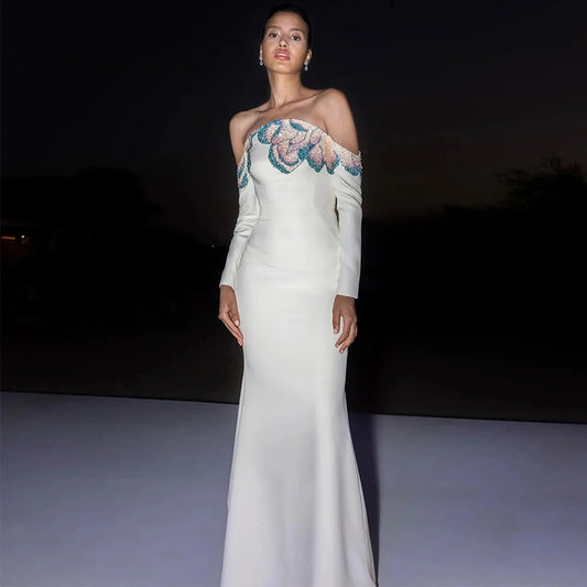 Classic Mermaid Evening Dress Customized Strapless Long Sleeves Celebrity Gowns Exquisite Beading Zipper Back Prom Dress