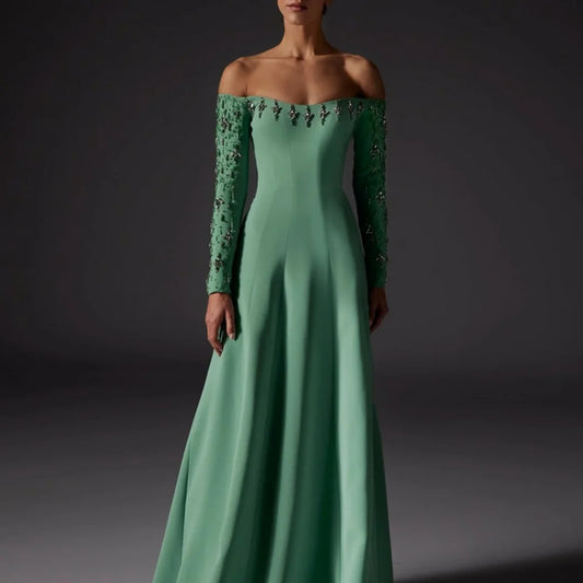 Green Glitter Off The Shoulder Prom Dresses Long Sleeves Strapless vestidos de festa