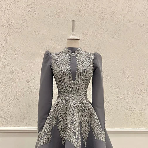 Woman Luxury Long Sleeve Shine Bead Applique Formal Prom Wedding Party Custon Gown A Line