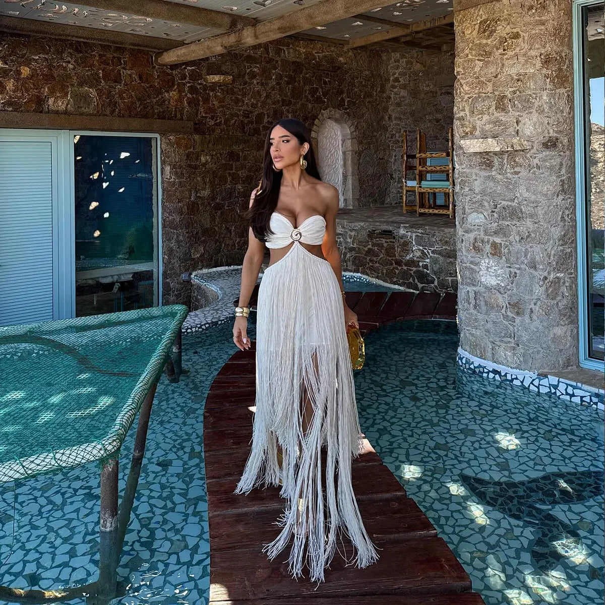 2026 New Tassel Skirt Set Women A Line Skirt High Waist Beach Skirt Crossover Top Summer Beach Holiday Party Bathing Suit