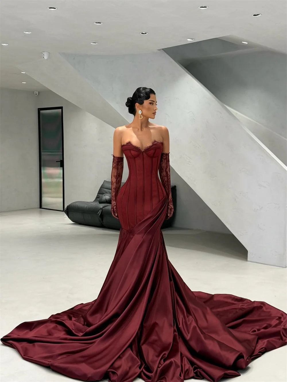 Burgundy Gorgeous Mermaid Asymmetric Prom Dress Lace Sleeves vestidos de noiva Royal Train Evening Dresses 2025