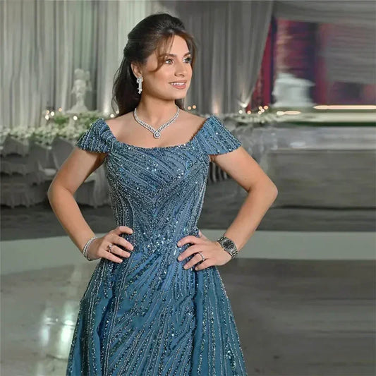 Luxury Blue Sequin Long Evening Dresses for Women Arabic Prom Wedding Gowns Off Shoulder Floor-Length Special Ocn