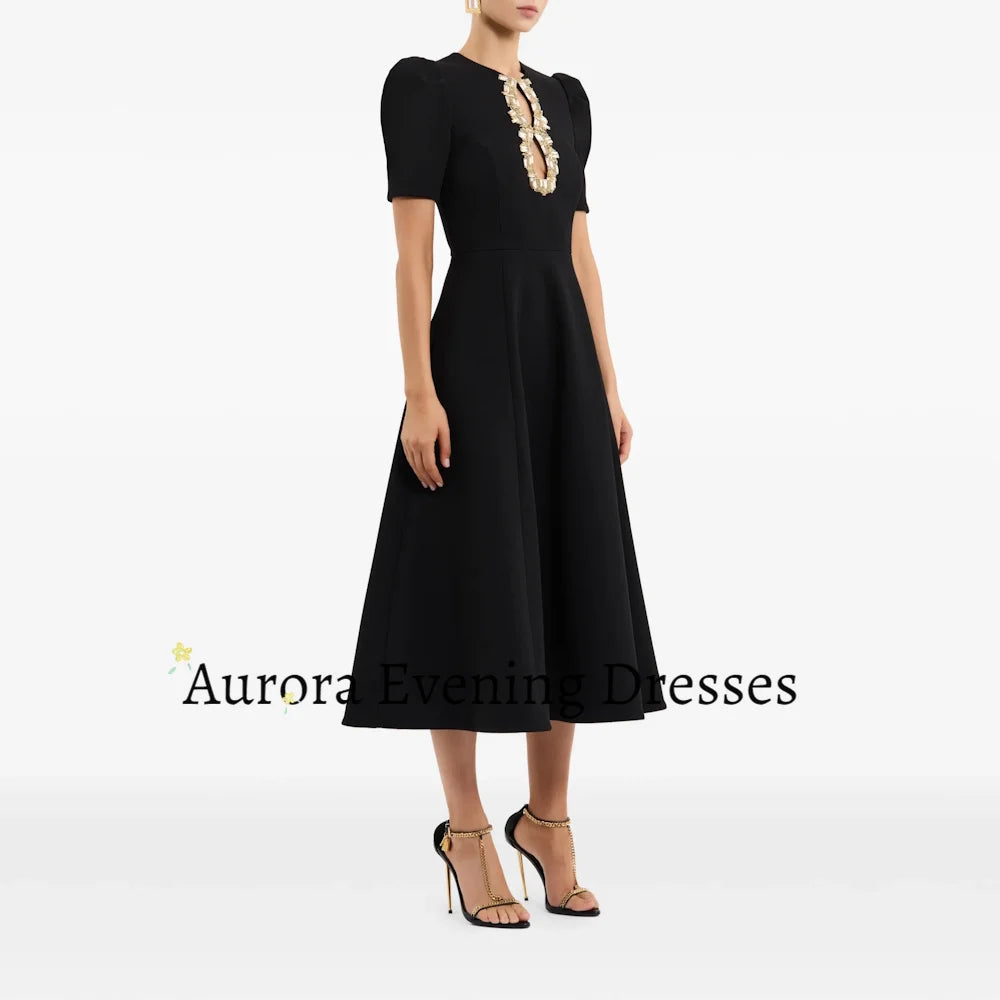Luxury Black Crepe Midi Dress Gold Rhinestone Cutout Neck Puff Sleeve Formal Women Wedding Banquet Evening Party Gown