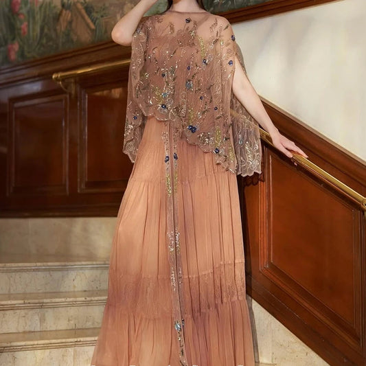 Women's A-line Evening Dresses Floor-length O-neck Sleeveless Prom Dresses Fashion Sequined Stole Simple Draped