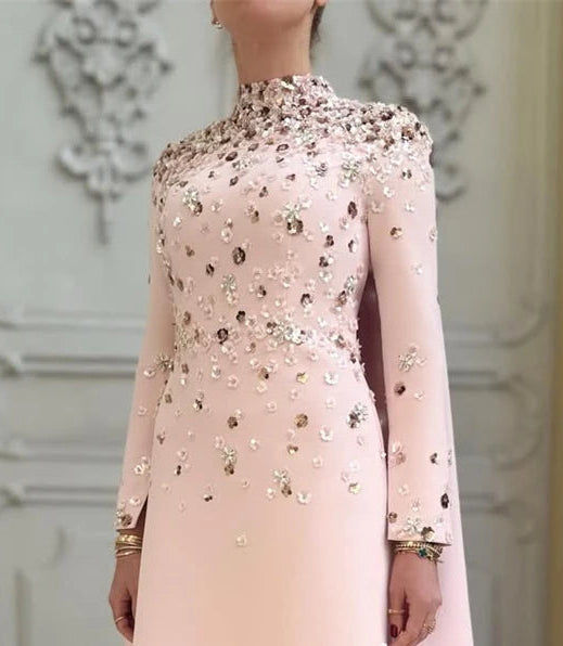 Evening Dresses Women High Collar Rhinestone Saudi Modern Style Long Sleeves A-line Party Dress