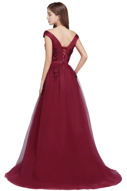 Evening Dress Off-shoulder Bodice Paddigns 3D Flowers Beading Top Long Skirt Tulle Formal Party Ball