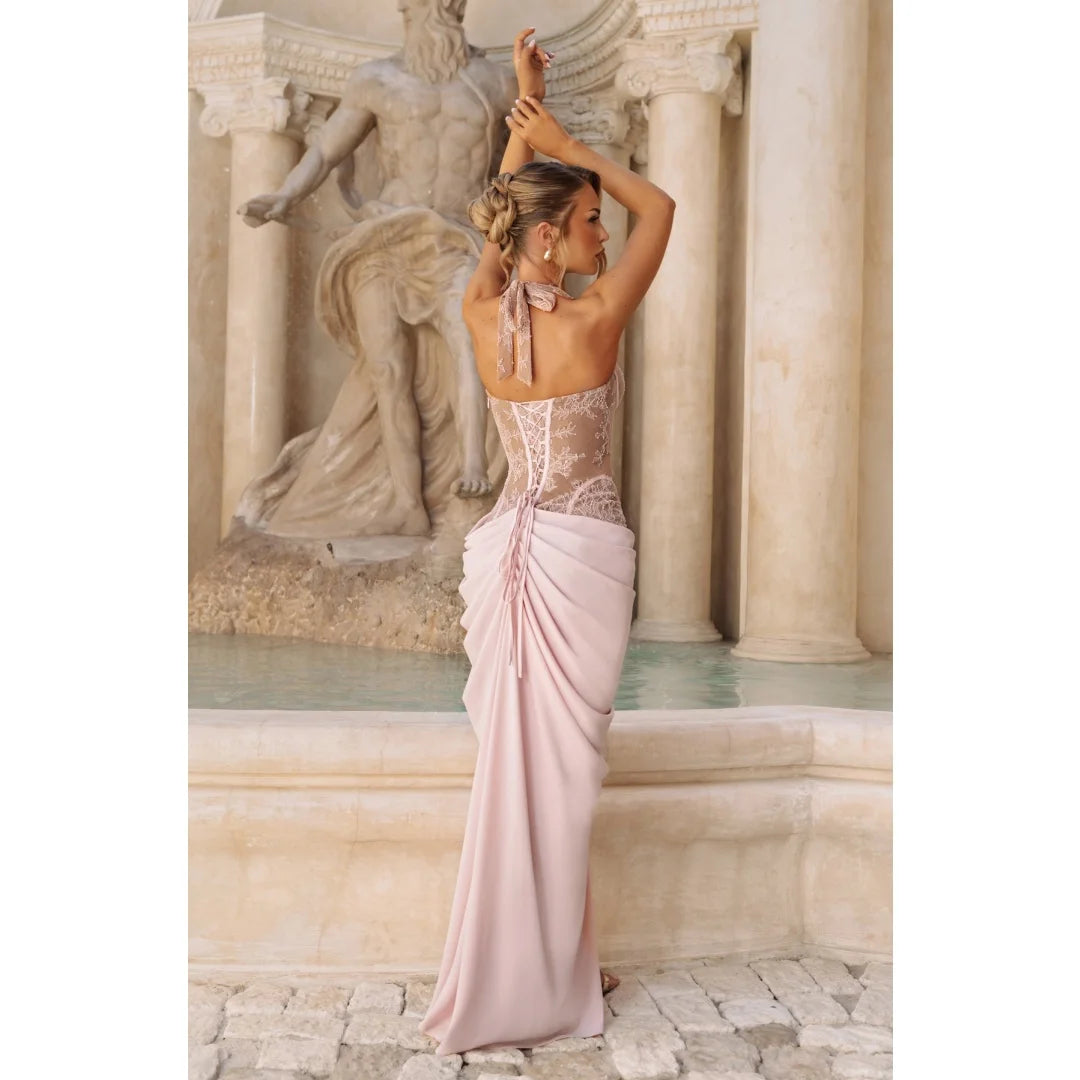 Blush Pink Halter Neck Prom Dress Floor-Length vestidos de noche High Side Split Lace Appliques Evening Dresses