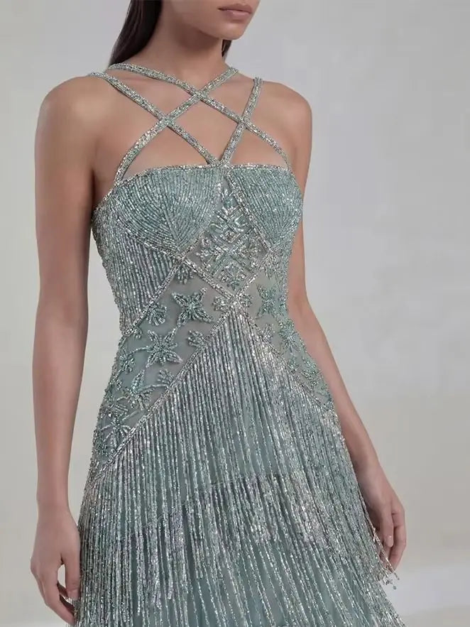 Sage Green Art Deco Beaded Evening Gown Criss Cross Straps Tiered Sequin Fringe Luxury Formal Dress For Prom Red Carpet Birthday