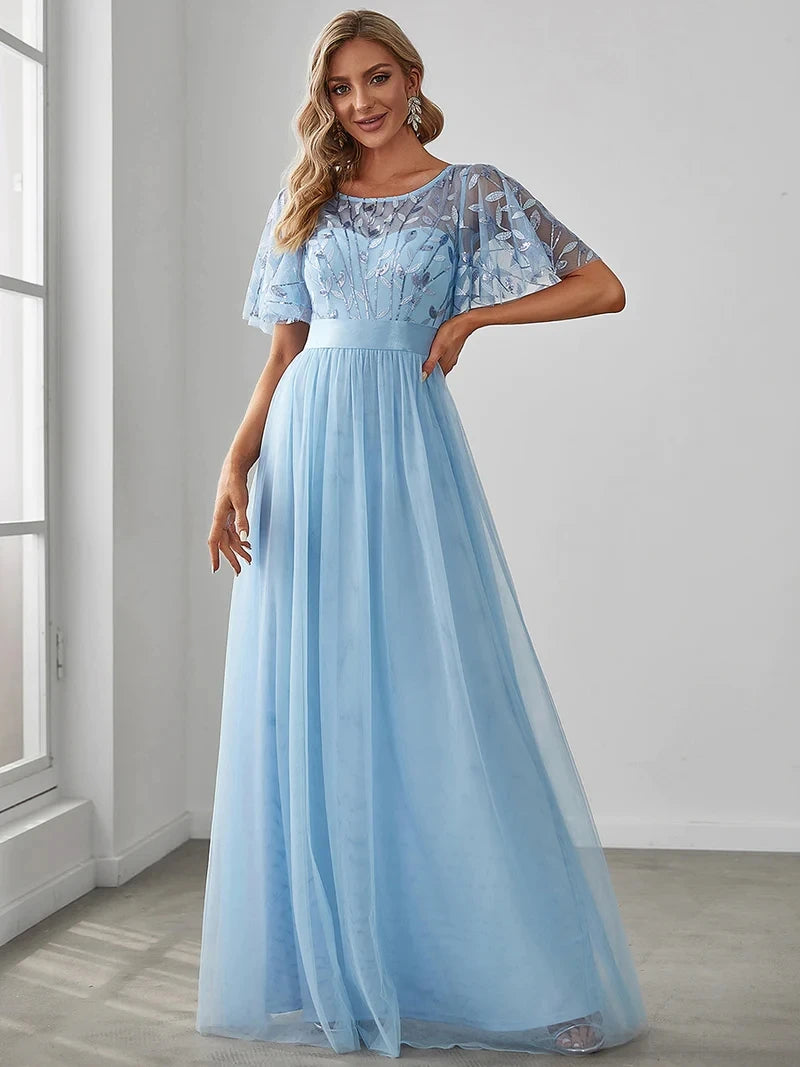Print Maxi Long with Cap Sleeve Ever Pretty of Burgundy Gauze Prom Dresses Of Women