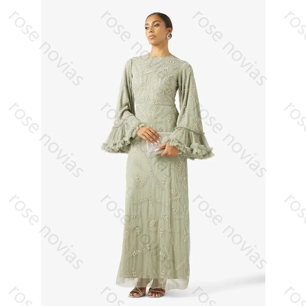 Green Evening Dresses O-Neck Tulle for Floor-Length  High Quality for Formal Evening Vestidos De Fiesta