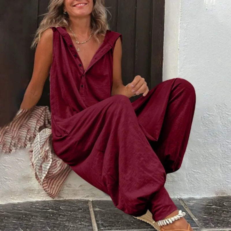 Hot Sale Women Solid Hooded Jumpsuit Button Sleeveless Loose Baggy Long Pants Romper