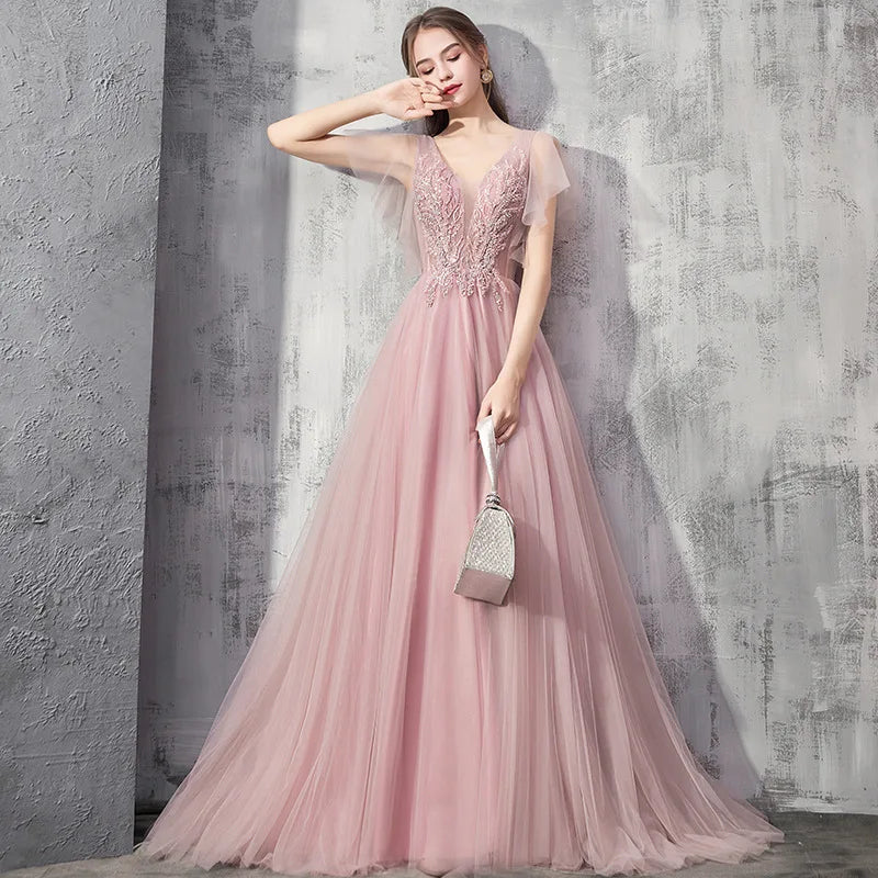 2026 Summer New Women's Banquet Pink Evening Dress Fashionable Look Slimming and Skinny Bareback Long Mesh