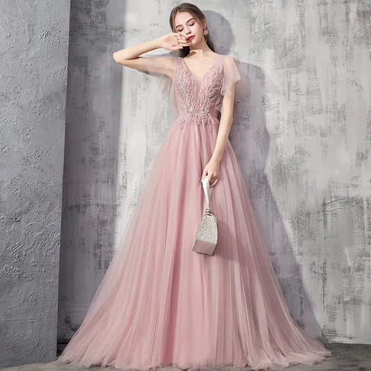 2026 Summer New Women's Banquet Pink Evening Dress Fashionable Look Slimming and Skinny Bareback Long Mesh