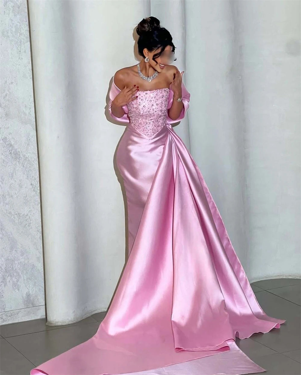 evening dress formal gown strapless satin column maxi beaded corset bodice draped train shawl romantic chic