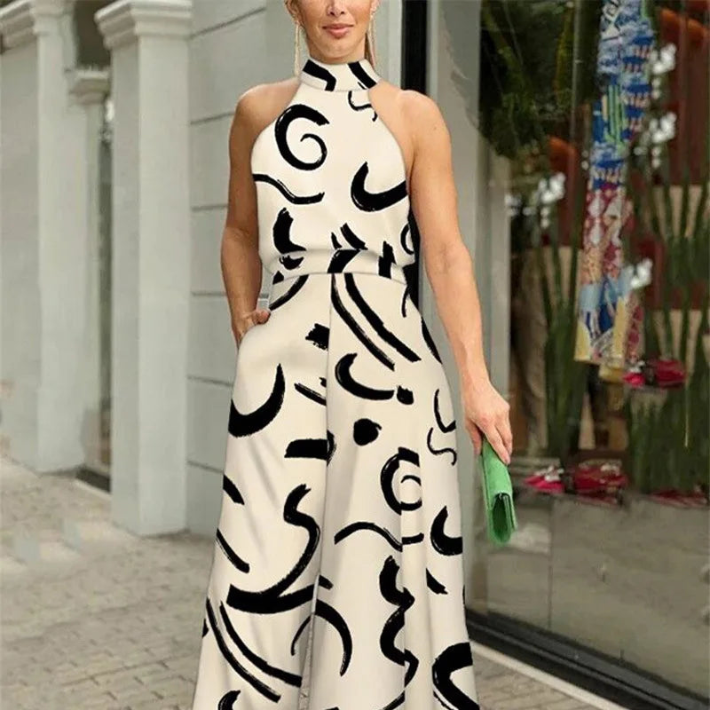 Summer Women's Elegant Waist Halter Jumpsuit Tie Sleeveless Wide Leg Long Pant Bodycon Abstract Print Streetwear Romper