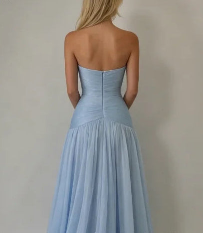 Blue Sweetheart Neck A Line Prom Gowns Backless Pleated Formal Party Gown Floor Length Evening Dress Customized